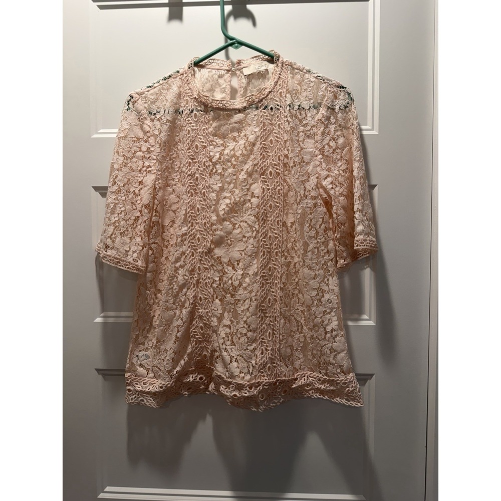 Loft Lace Top Light Pink Sheer Womens SZS Short Sleeves Wedding Easter A7